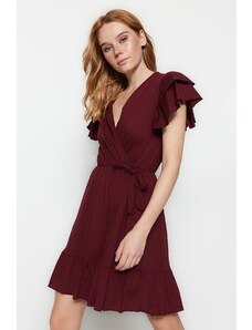 Trendyol Claret Red 100% bavlnená volánik detailné dvojradové mini pletené šaty s volánovým detailom na rukávoch