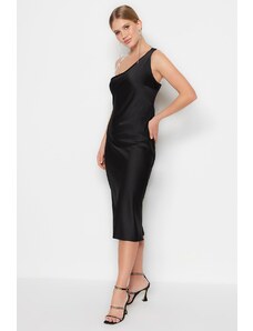 Trendyol Čierne tkané lesklé kamenné saténové elegantné večerné šaty