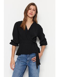 Trendyol Black Double Breasted Woven Belted Blouse