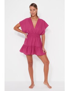 Trendyol Fuchsia Mini Weave plážové šaty s výstrihom do V zo 100% bavlny