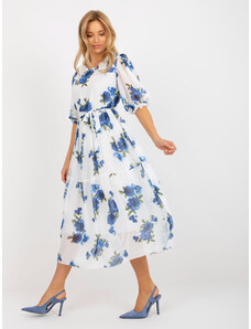LAKERTA Bielo-modré kvetinové midi šaty s opaskom
