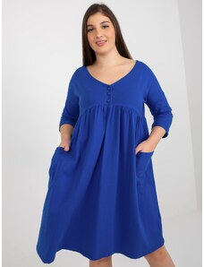 RELEVANCE Tmavo-modré voľné rozšírené plus size šaty s gombíkmi a vreckami