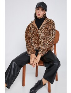 Plyšová bunda Koton Leopard s potlačou s mikinou s kapucňou