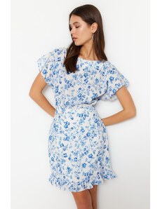 Trendyol Collection Ecru volánik s kvetinovou potlačou A-line/Bell Form Mini lemované tkané šaty