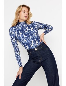 Trendyol Navy Blue Printed Fitted/Situated Collar Long Sleeve Crepe Neck/Textured Knitted Blouse