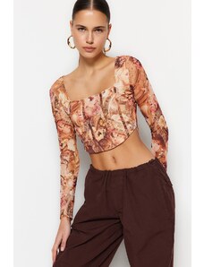 Trendyol Premium Orange Sheer Back Printed Lined Crop Tulle Stretch Knitted Blouse
