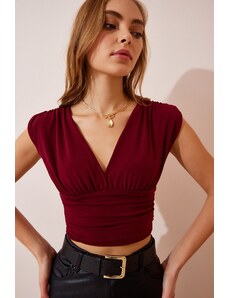 Happiness İstanbul Women's Burgundy Deep V-Neck Crop Sandy Knitted Blouse