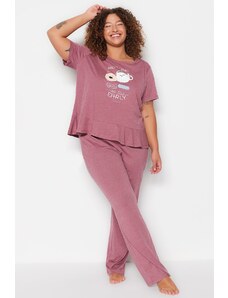 Trendyol Curve Burgundy Printed Short Sleeve Knitted Pajamas Set