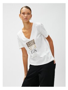 Koton T-Shirt V-Neck Shiny Printed Cotton