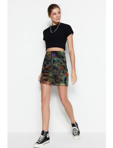 Trendyol Collection Hnedá mini pletená sukňa s potlačou a vysokým pásom