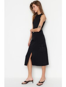 Trendyol Collection Čierna detailná midi džínsová sukňa s vysokým pásom do vrecka