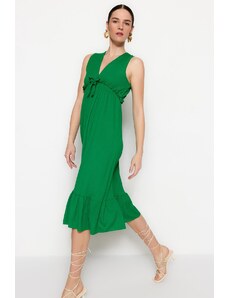 Trendyol zelený volán s výstrihom do V detailný áčkový midi pletené šaty