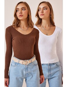 Happiness İstanbul Women's Brown White V Neck 2-Pack Knitted Blouse