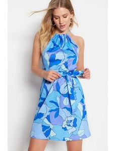 Trendyol Blue Belted A-Line mini tkané kvetinové tkané šaty