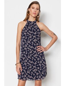 Trendyol Navy Blue rovný strih mini tkané kvetinové tkané šaty s rovnou podšívkou