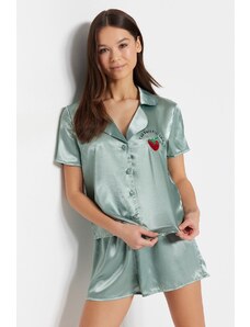 Trendyol Collection Tkané pyžamové šortky z mätového vyšívaného saténu