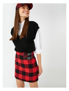 Koton Checkered Mini Skirt With Double Buckle Detail Zipper.