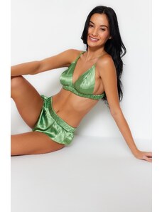 Trendyol Green Shiny Satin Uncovered Underwear Set