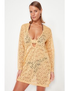 Trendyol Collection Plážové mini šaty Camel s tkanými doplnkami