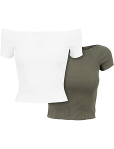 UC Ladies Women's T-Shirt Off Shoulder Rib Tee 2-Pack White+Olive