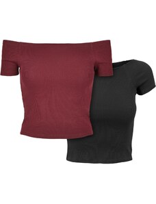 UC Ladies Women's T-Shirt Off Shoulder Rib Tee 2-Pack Redburgundy+Black