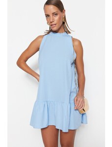 Trendyol Blue mini tkané šaty s vysokým golierom