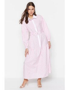 Trendyol ružové pruhované tkané šaty s opaskom detailné polovičné paty