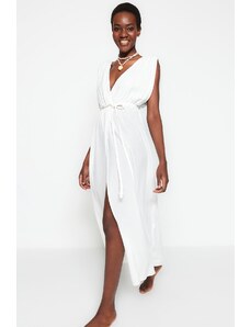 Trendyol Collection Svadobné biele maxi tkané plážové šaty s rozparkom