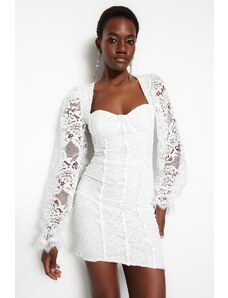 Trendyol Collection Ecru vypasované lemované čipkované svadobné / svadobné elegantné večerné šaty