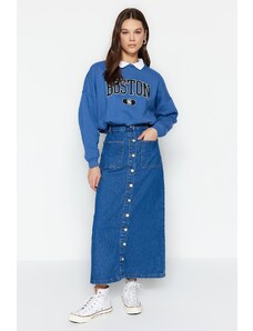 Trendyol Collection Tmavá indigová džínsová sukňa s dvojitým vreckom a vysokým pásom