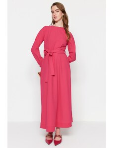 Trendyol Modest Ružové prešívané detailné tkané šaty