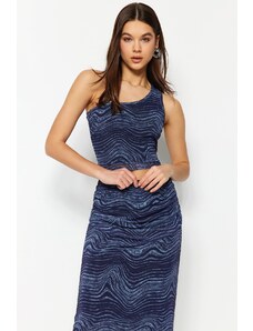Trendyol Collection Námornícka modrá potlačená tylová sukňa s vysokým pásom podšitá midi pletenou sukňou