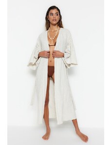 Trendyol Collection Ecru Belted Maxi Woven Flounce Linen Blended Kimono&Kaftan