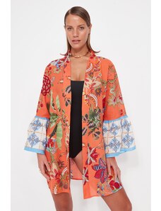 Trendyol Floral Pattern Belted Mini-Weave 100% Cotton Kimono & Caftan