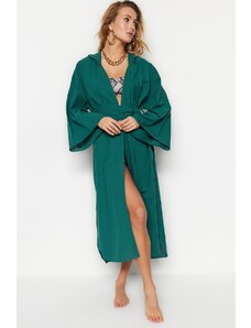 Trendyol Collection Zelené opaskové maxi tkané kimono s kapucňou 100% bavlna a kaftan