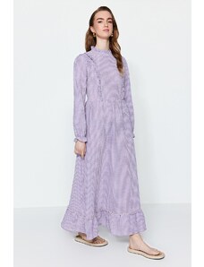 Trendyol fialová Gingham vzorovaná volánik detailne tkané šaty