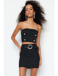 Trendyol Collection Čierna pásikavá tkaná trblietavá pruhovaná sukňa