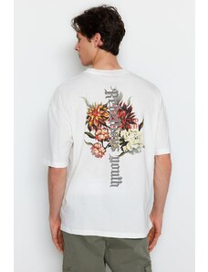 Trendyol Ecru pánske oversize/široký strih kvetinová potlač tričko zo 100% bavlny