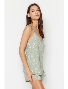 Trendyol Light Green Floral Pattern Viscose Undershirt-Shorts Woven Pajamas Set