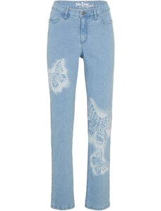 bonprix Strečové džínsy, Straight, potlačené, motýle, farba modrá, rozm. 34