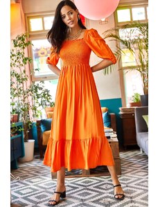 Olalook Dámske oranžové šaty s trblietavým štvorcovým golierom Bodrum