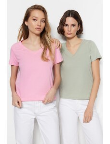 Trendyol Collection Ružovo-mätová 100% bavlna 2-balenie Základné pletené tričko s výstrihom do V
