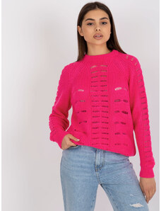 Fashionhunters Fluo ružový ažurový oversize sveter s okrúhlym výstrihom