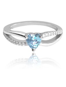 MINET Strieborný prsteň LOVE s modrým zirkónom srdce veľkosť 50