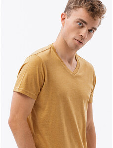Ombre Clothing Klasické pánske tričko BASIC s výstrihom - horčicový melír V19 S1369