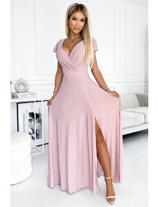 Numoco CRYSTAL trblietavé dlhé šaty s výstrihom - špinavo ružové 411-6 - výpredaj