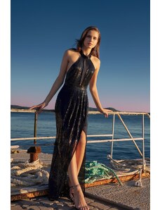Trendyol Collection Čierne dvojradové lemované okno/vystrihnuté detailné flitrové dlhé večerné šaty
