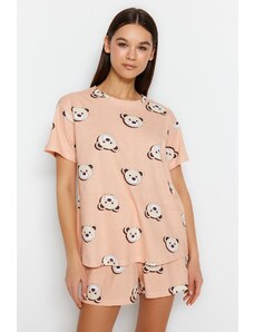 Trendyol Salmon 100% Cotton Teddy Bear Patterned T-shirt-Shorts Knitted Pajamas Set