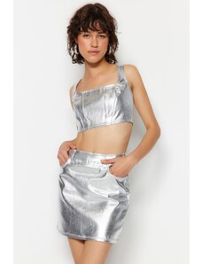 Trendyol Collection Džínsová sukňa s potlačou striebornej fólie