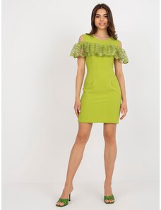 LAKERTA Svetlo-zelené elegantné koktejlové šaty s čipkovaným volánom